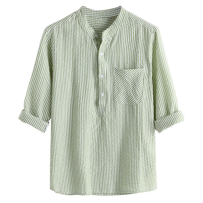 2021 new men's long-sleeved shirt striped long-sleeved shirt linen shirt