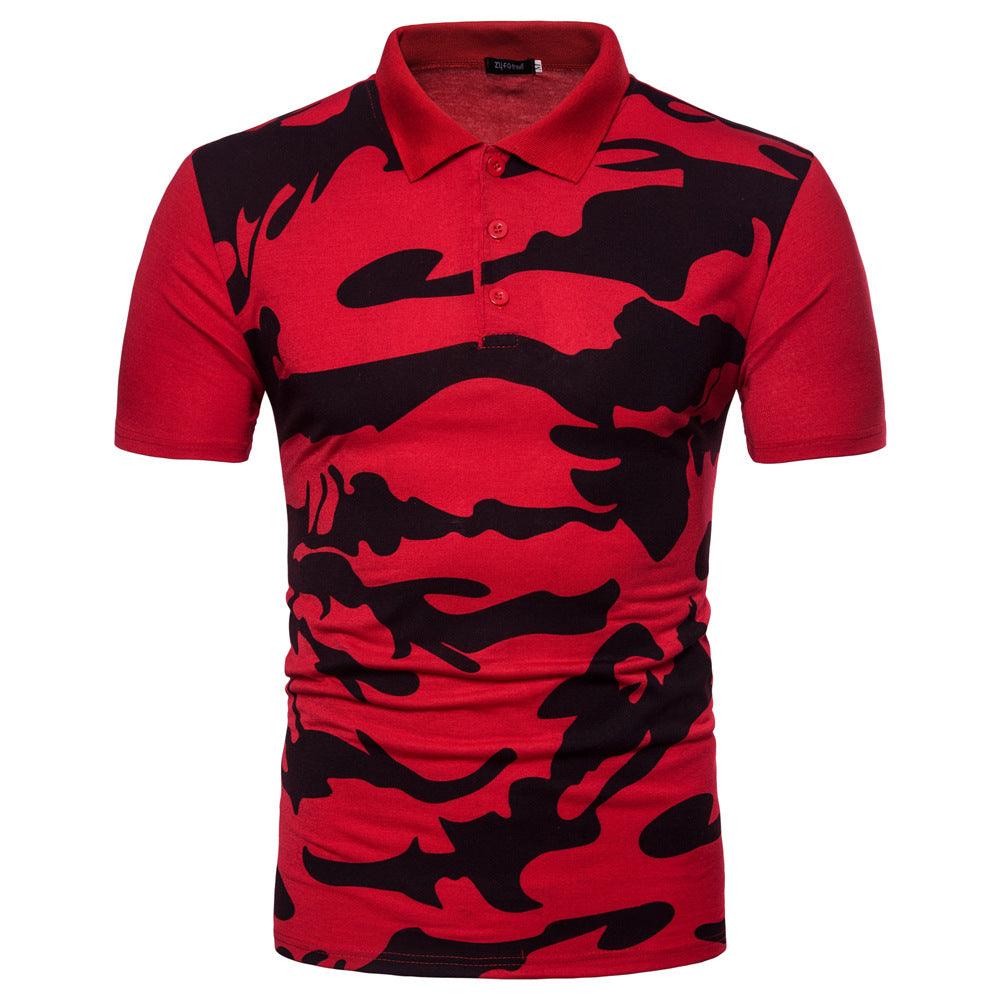 Men's Large SizeColor Camouflage Printing Stitching Slim Fit Business Casual Lapel Collar Polo Shirts Golf Shirt