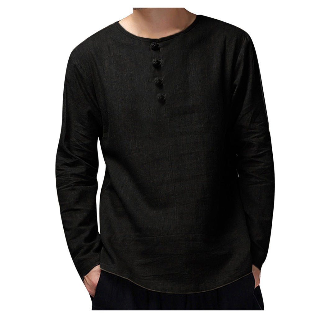 Men's casual cotton and linen long-sleeved T-shirt