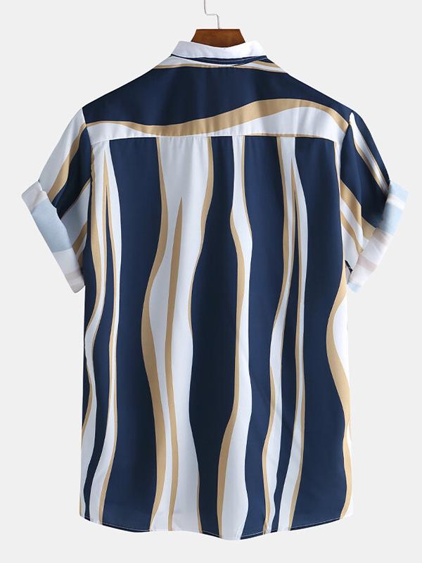 Men Short Sleeves Lapel Striped Pocket Shirt