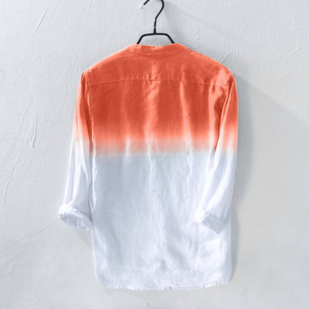 Men's casual gradient color cotton and linen long-sleeved shirt