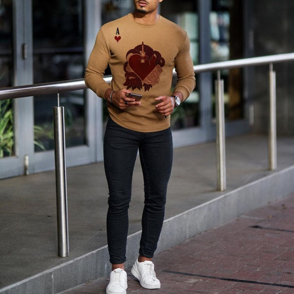 Mens Brown Printed Knit Long Sleeve T-Shirt
