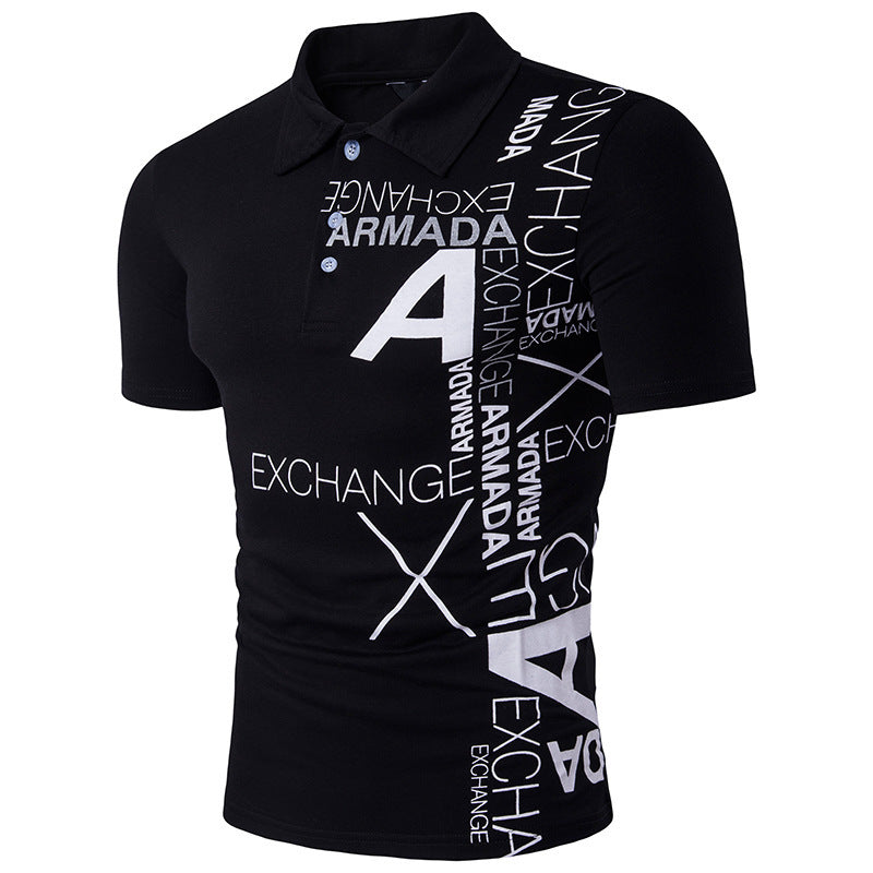 Men's Large Size Letter Printing Slim Fit Business Casual Lapel Collar Polo Shirts Golf Shirt