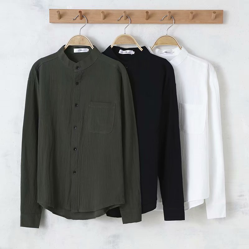 Men's solid color cotton and linen long-sleeved shirt