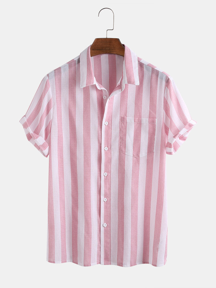 Mens Cotton Thin Light & Breathable Vertical Stripe Short Sleeve Shirt