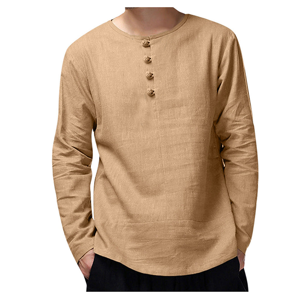 Men's casual cotton and linen long-sleeved T-shirt