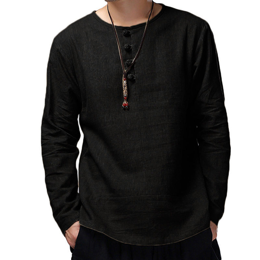Men's casual cotton and linen long-sleeved T-shirt