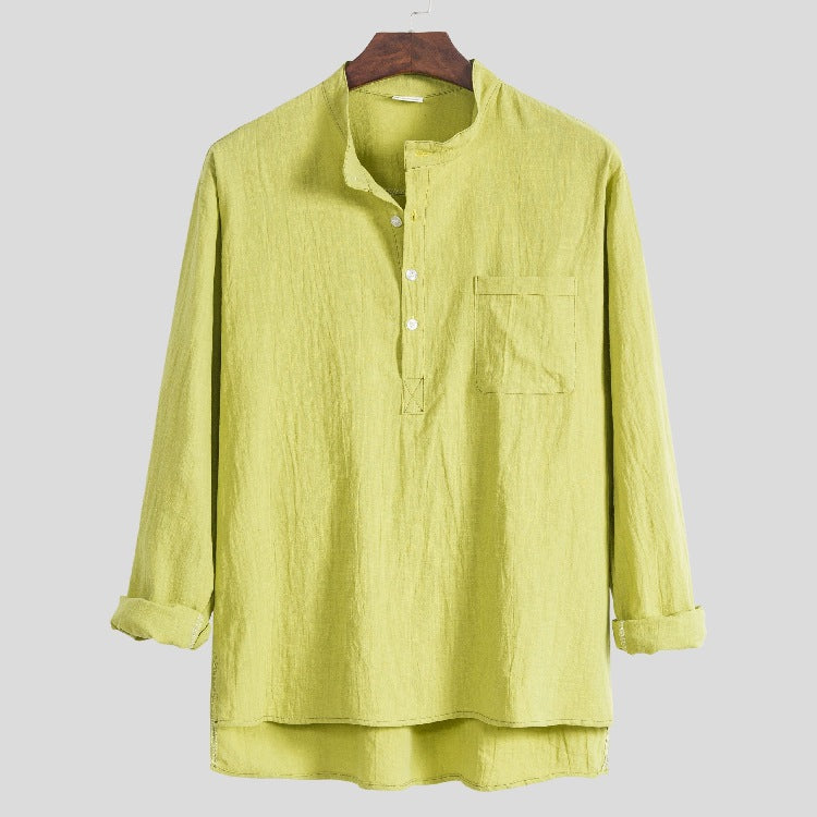 Men's solid color cotton, linen and linen long-sleeved shirt