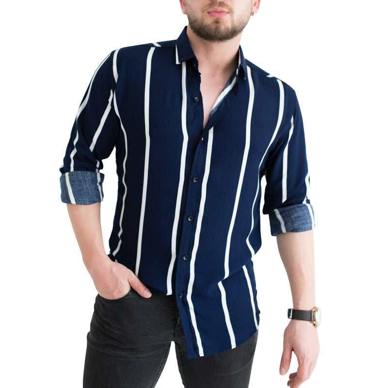 Men's Blouse Thick Stripe Business Long Sleeve Shirt Fashion