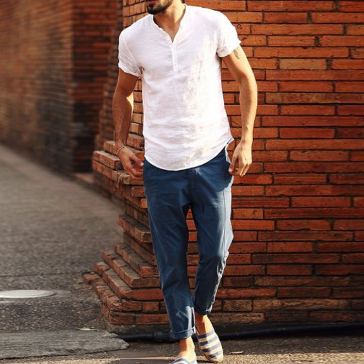 Men's Button Casual Plain Loose Short Sleeve T-shirt