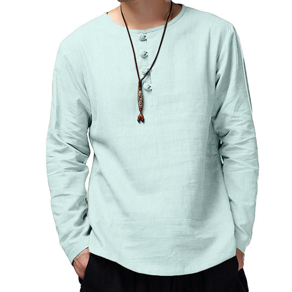 Men's casual cotton and linen long-sleeved T-shirt