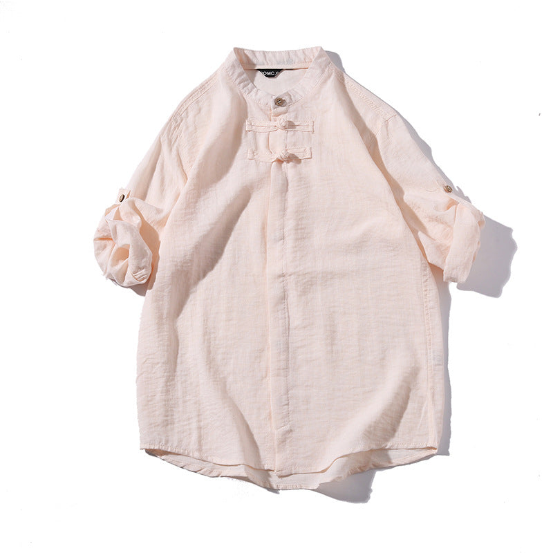 Men's disc button retro solid color cotton and linen shirt