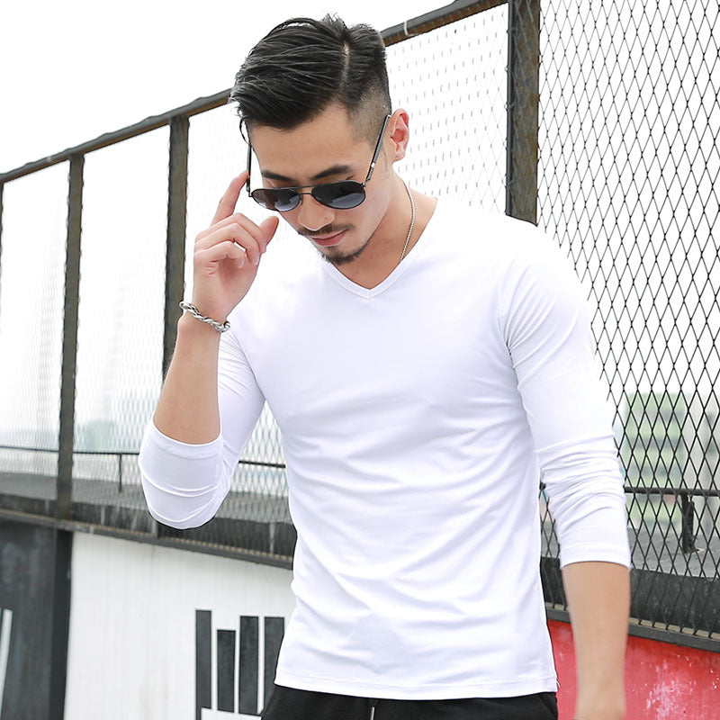 Men's Solid color V-neck Long-Sleeve Premium Casual T-Shirt