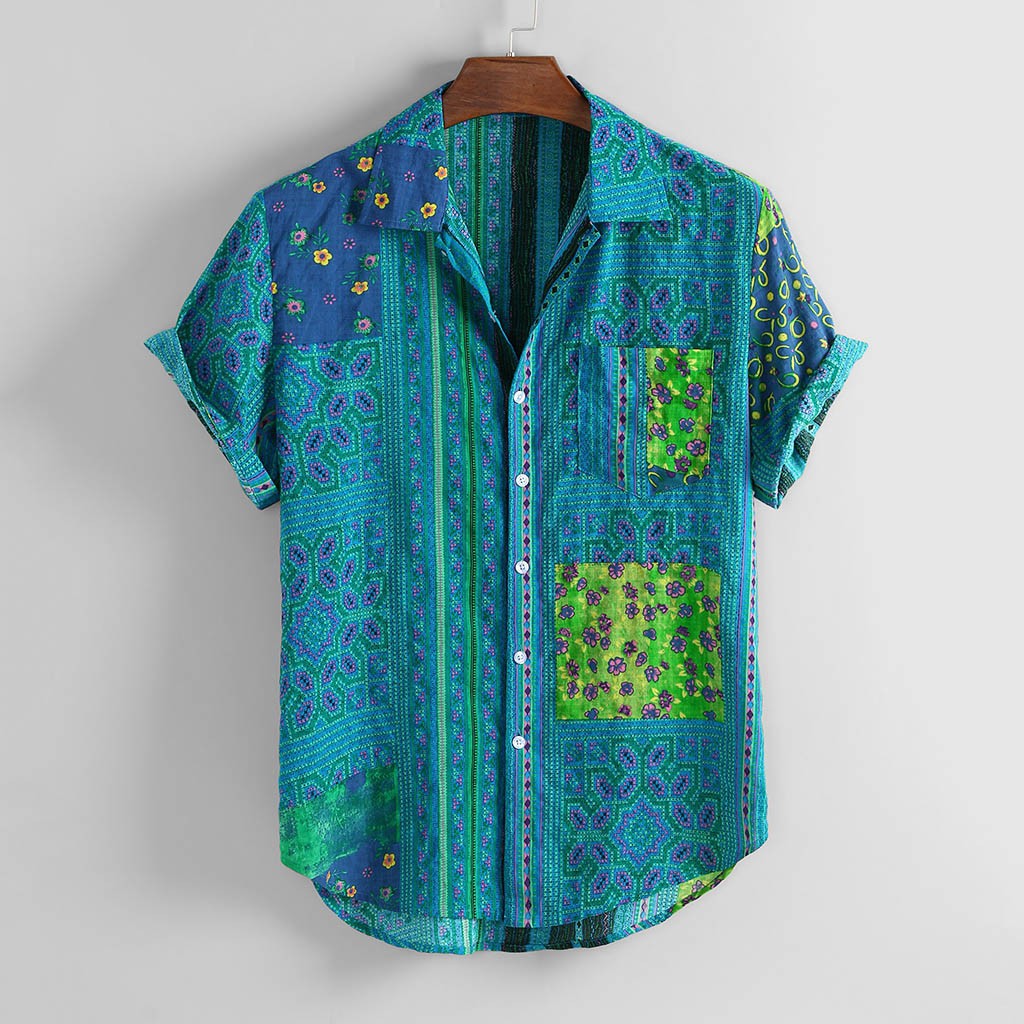 2021 new men's printed short-sleeved holiday style seaside shirt men's large size loose beach shirt