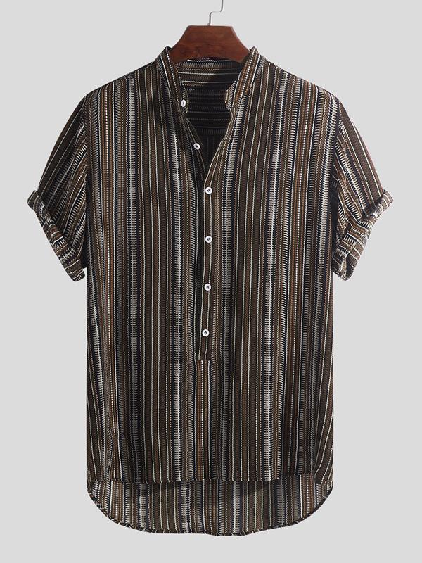 Men Short Sleeves Striped Stand Collar Shirt