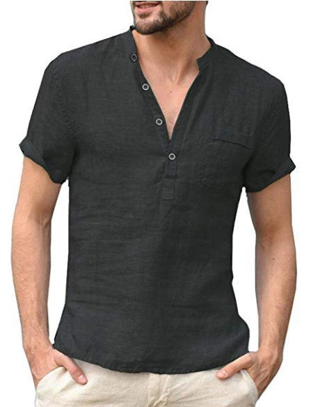 2021 summer new linen short-sleeved men's T-shirt stand-up collar buttoned half-fronted simple short-sleeved shirt