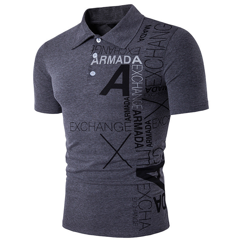 Men's Large Size Letter Printing Slim Fit Business Casual Lapel Collar Polo Shirts Golf Shirt