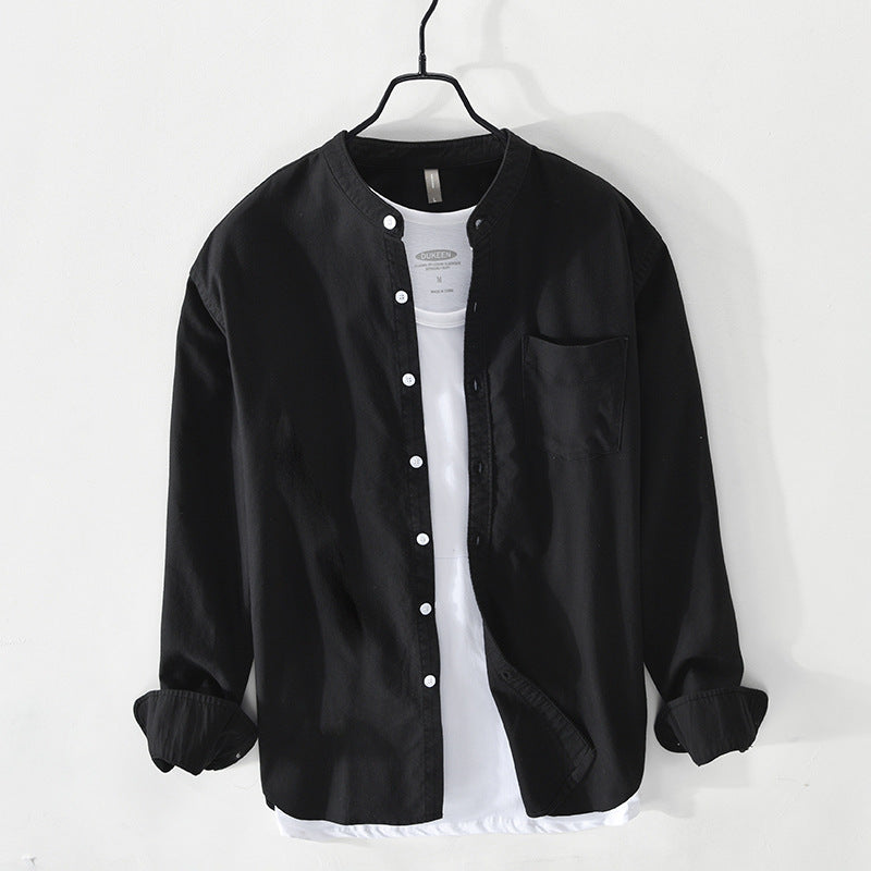 Men's linen shirt fashion stand-up collar solid color simple youth long-sleeved cotton shirt