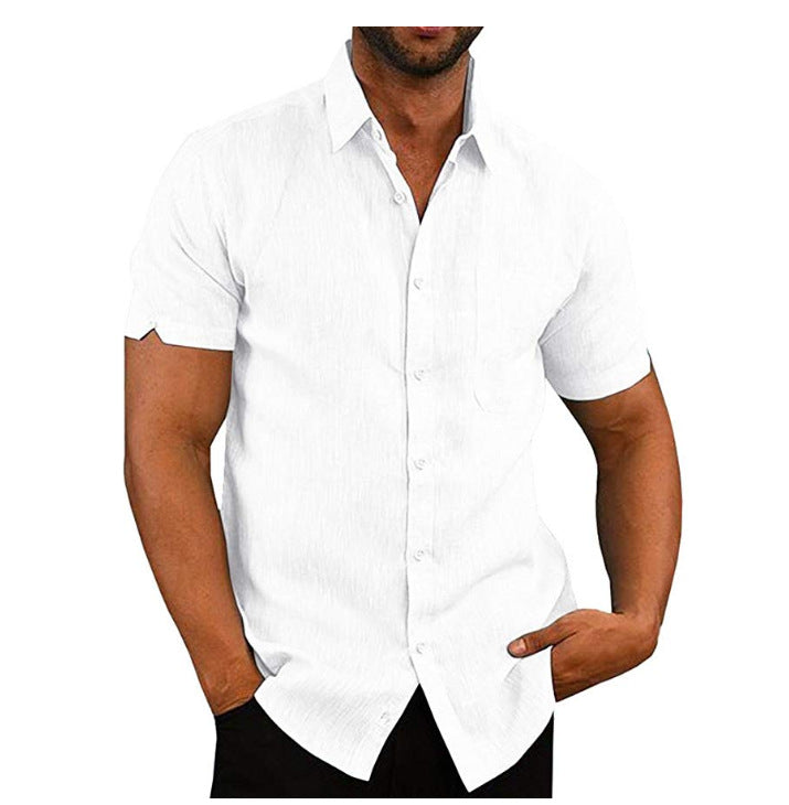 Men's solid color short-sleeved linen buttons shirt