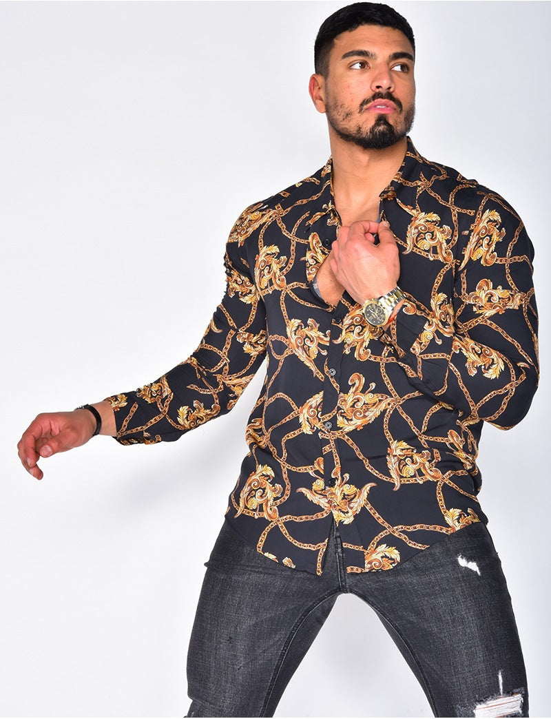 Men's Printed Cardigan Casual Lapel Long Sleeve Shirt