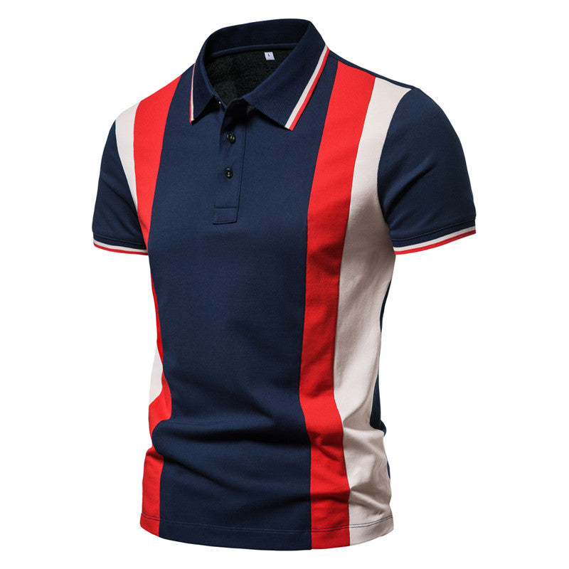 Men's Large SizeColor Stripe Color Matching Slim Fit Business Casual Lapel Collar Polo Shirts Golf Shirt