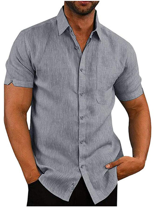 Men's solid color short-sleeved linen buttons shirt
