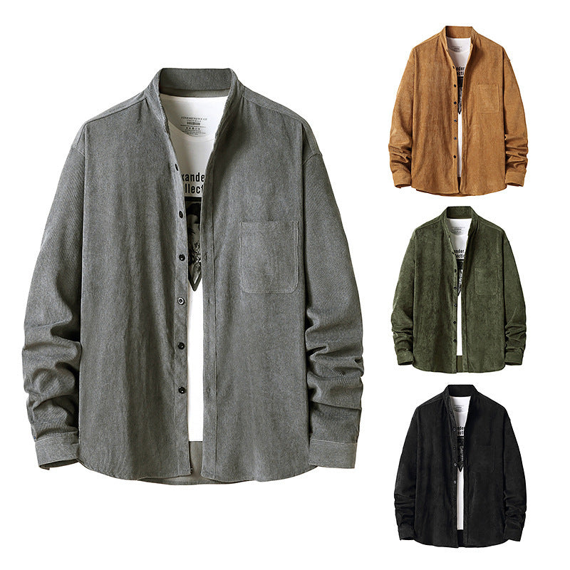 Men's retro corduroy Henry collar men's autumn and winter long-sleeved shirt jacket