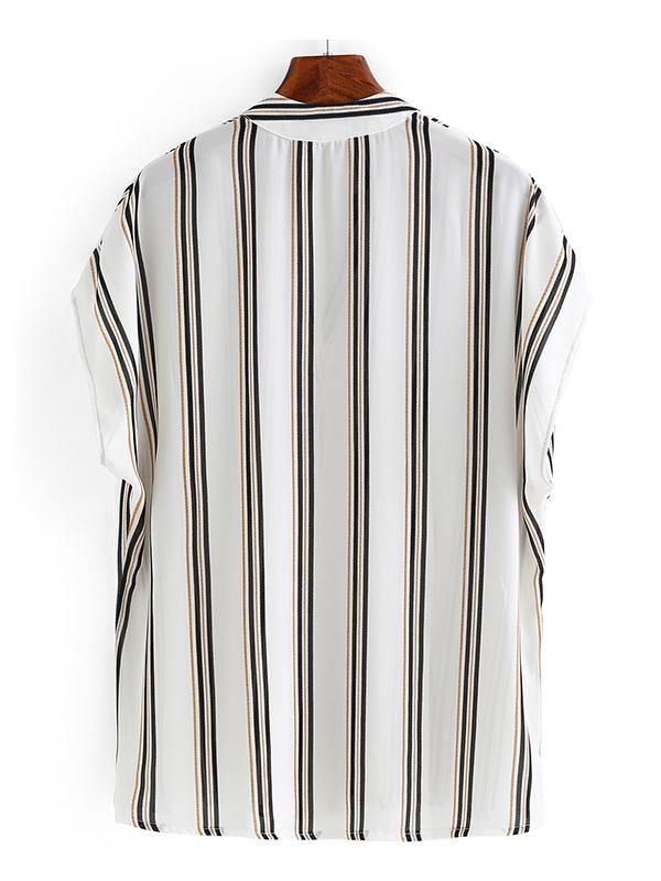 Men Striped Short Sleeves Stand Collar Shirt