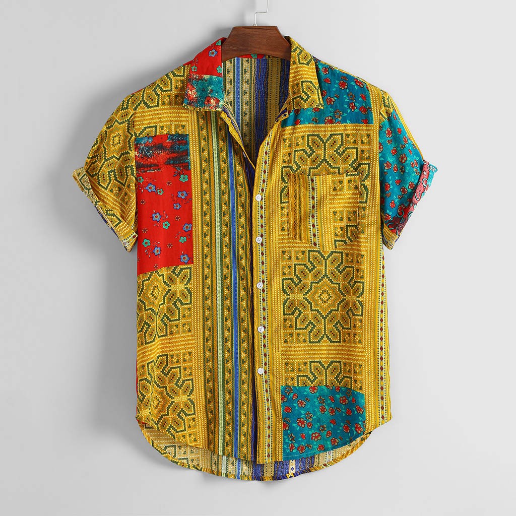 2021 new men's printed short-sleeved holiday style seaside shirt men's large size loose beach shirt