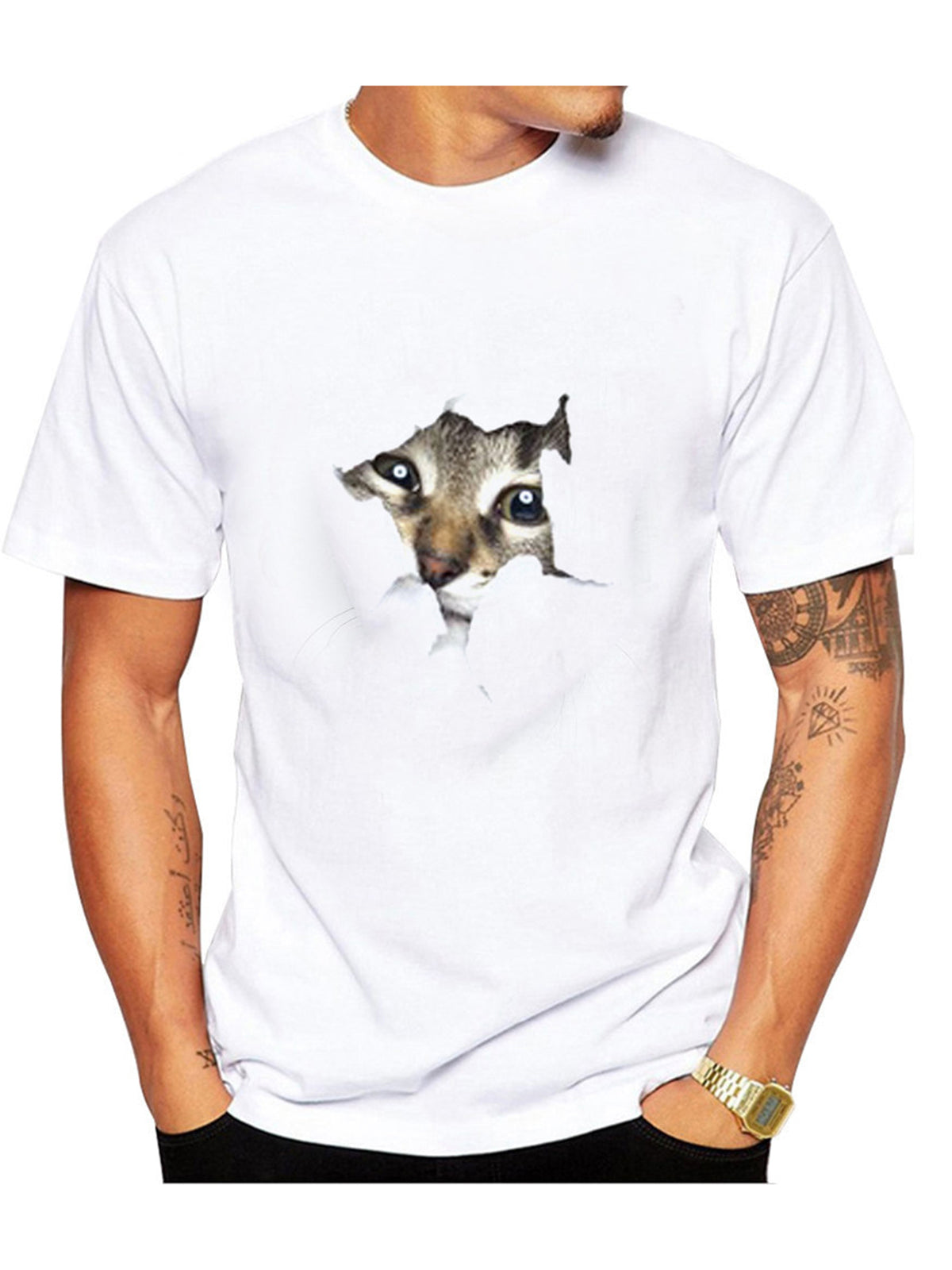 Men's Torn Paper Cat Print Short Sleeves Casual Tees
