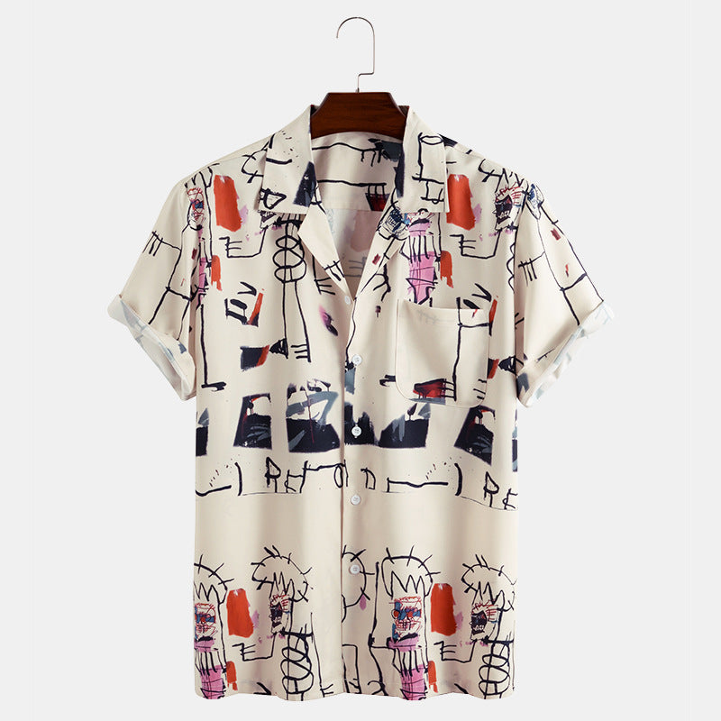 2021 new short-sleeved men's shirt, fun graffiti printing casual men's shirt