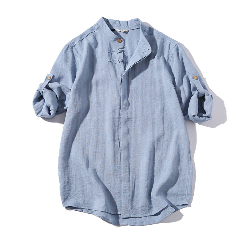 Men's disc button retro solid color cotton and linen shirt