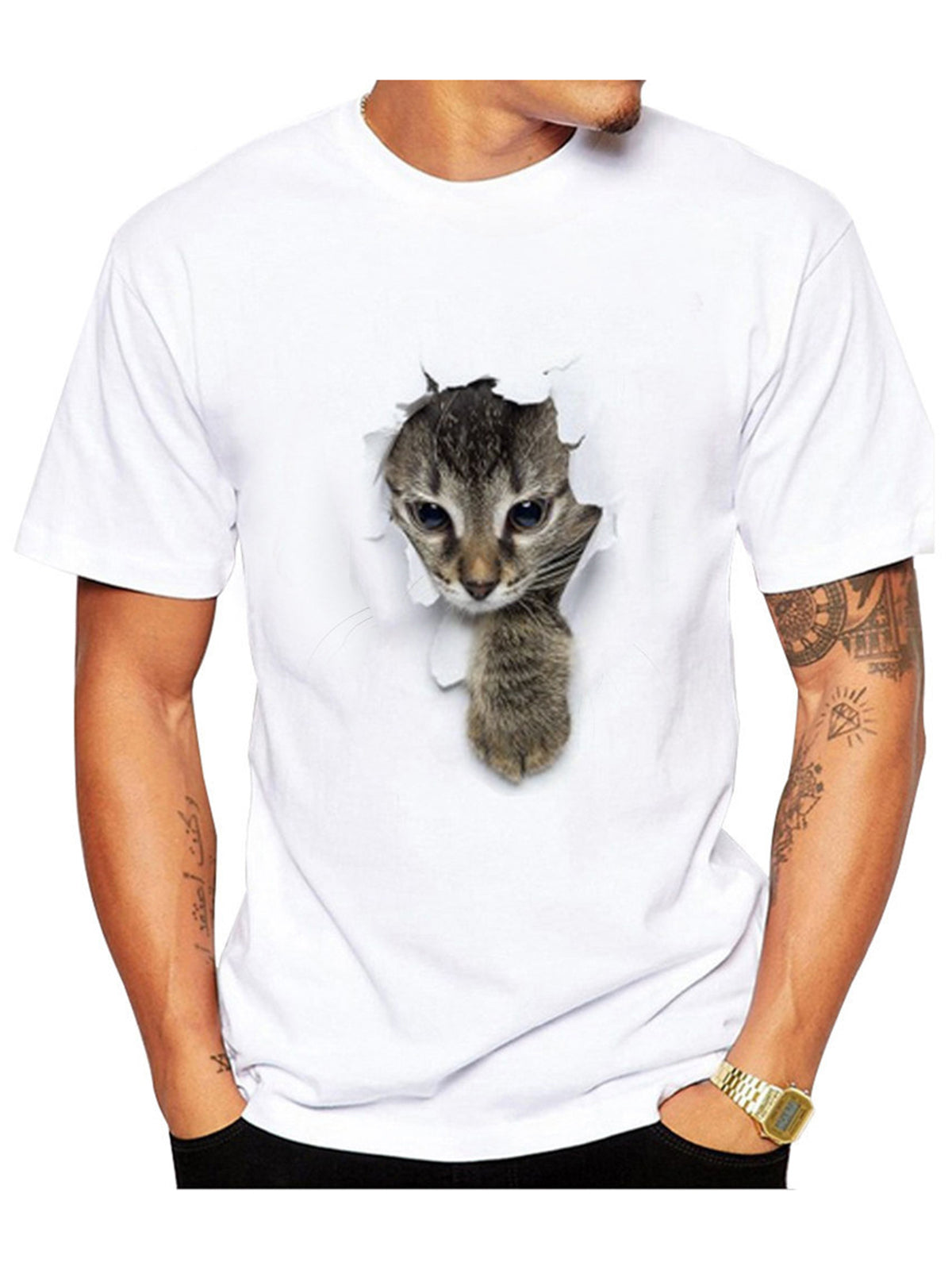 Men's Torn Paper Cat Print Short Sleeves Casual Tees