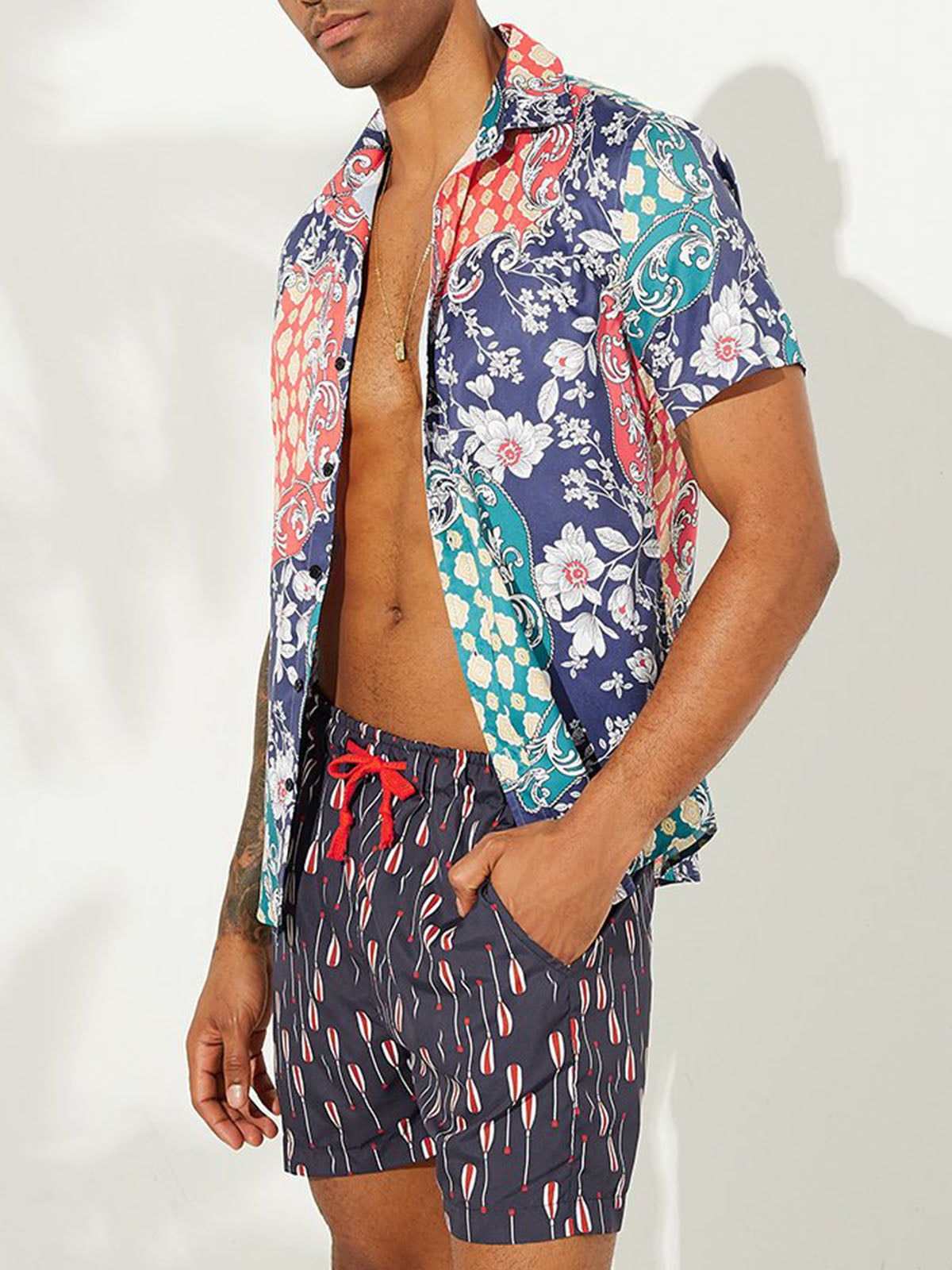 Men Ethnic Printed Short Sleeves Lapel Shirt