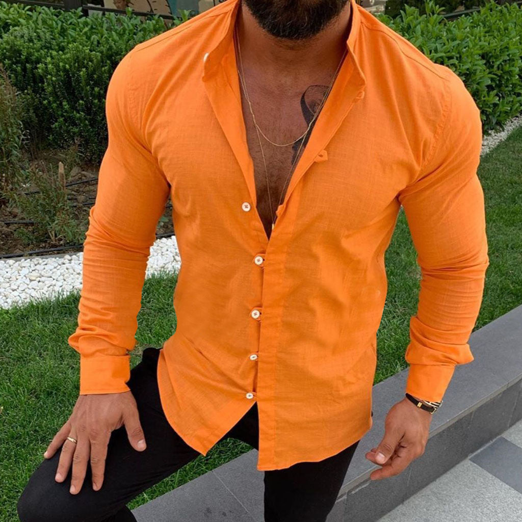 Men's casual cotton and linen round neck long sleeve shirt