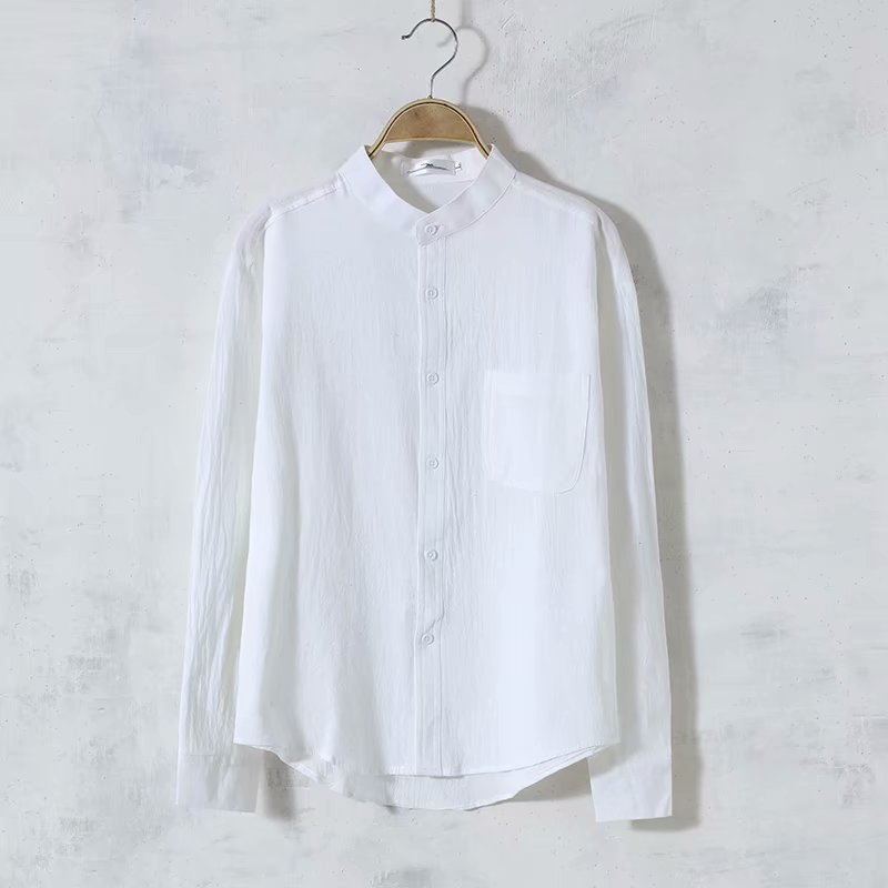 Men's solid color cotton and linen long-sleeved shirt