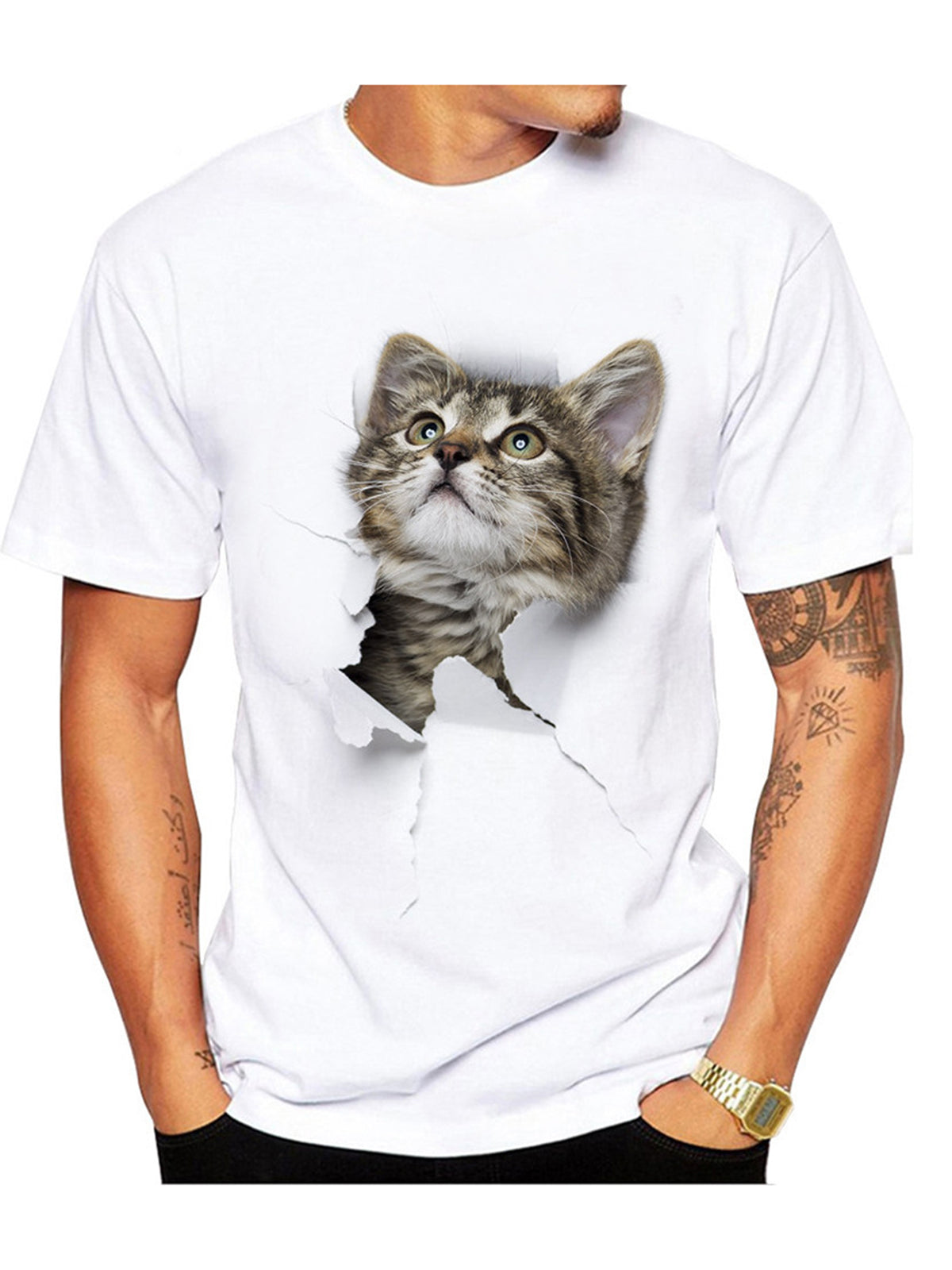 Men's Torn Paper Cat Print Short Sleeves Casual Tees