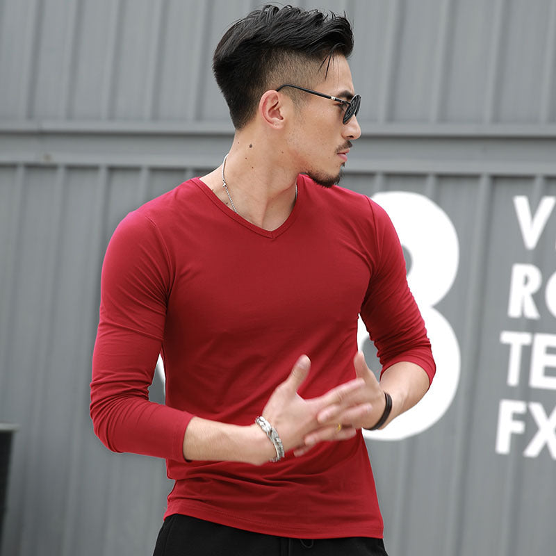 Men's Solid color V-neck Long-Sleeve Premium Casual T-Shirt