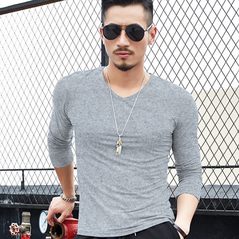 Men's Solid color V-neck Long-Sleeve Premium Casual T-Shirt