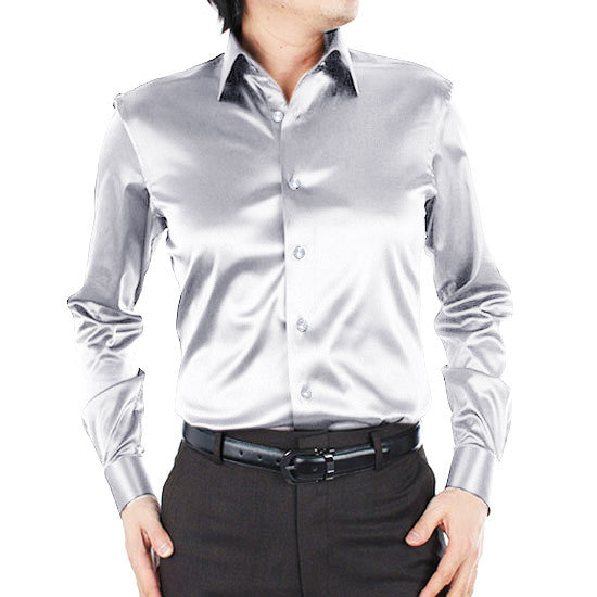 Men's Long Sleeve Shiny Silk Like Satin Dance Prom Dress Shirt Party Button Down Tuxedo Shirts