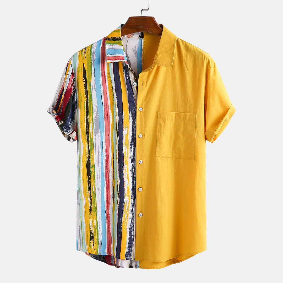 2021 spring and summer new cotton and linen stitching lapel cardigan button short-sleeved men's shirt