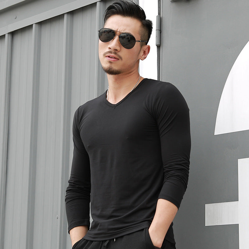 Men's Solid color V-neck Long-Sleeve Premium Casual T-Shirt