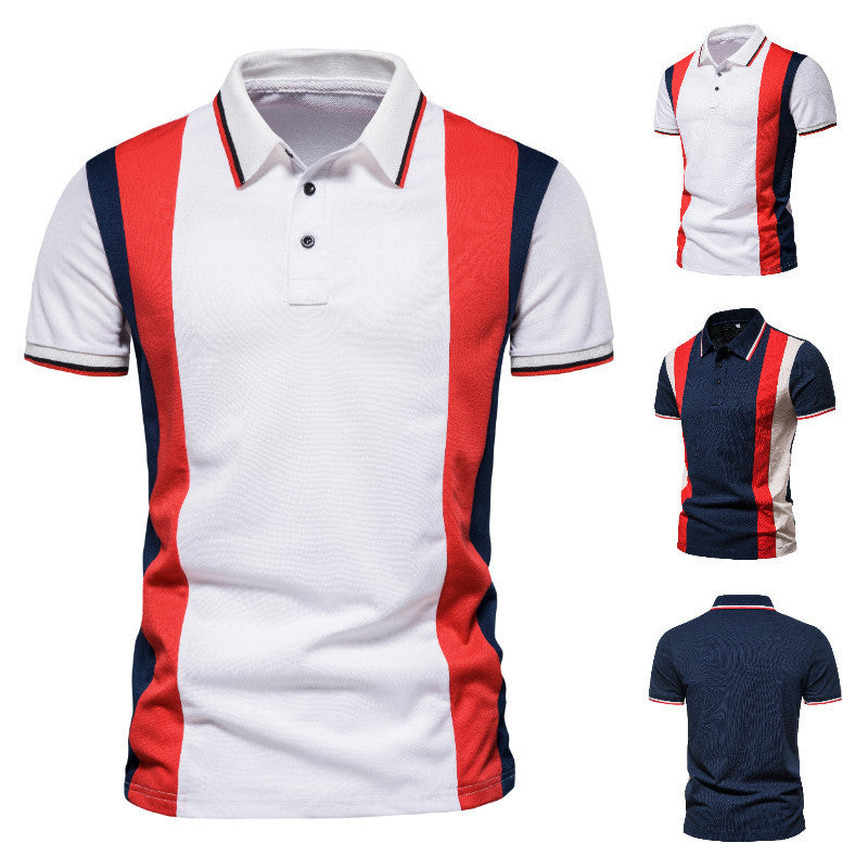 Men's Large SizeColor Stripe Color Matching Slim Fit Business Casual Lapel Collar Polo Shirts Golf Shirt