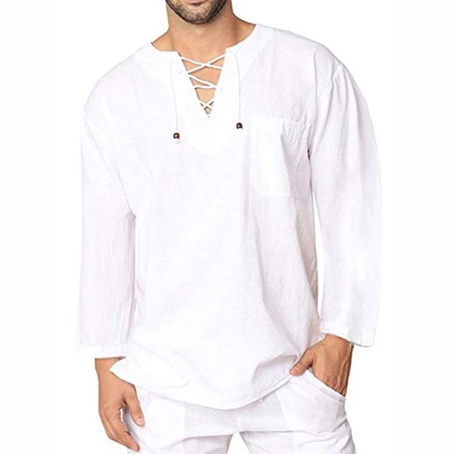 Men's Plain Lace-Up Casual Loose Spring Shirt