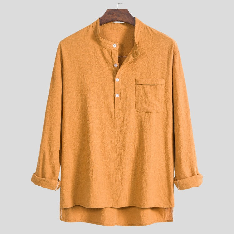 Men's solid color cotton, linen and linen long-sleeved shirt