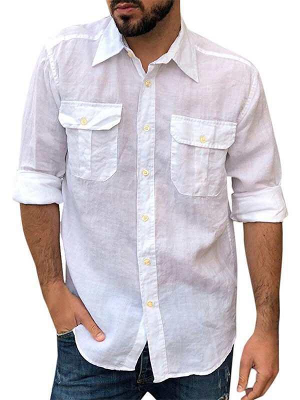 2021 Men's Linen Long Sleeve Shirt Double Pocket Tooling Lapel Men's Shirt