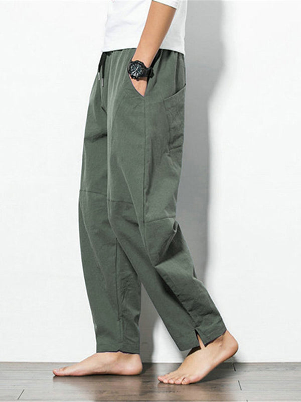 Men's Casual Baggy 100% Cotton Harem Pants Solid Color Loose Wide Leg Pants