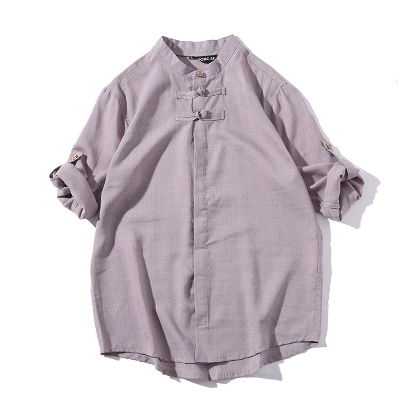 Men's disc button retro solid color cotton and linen shirt