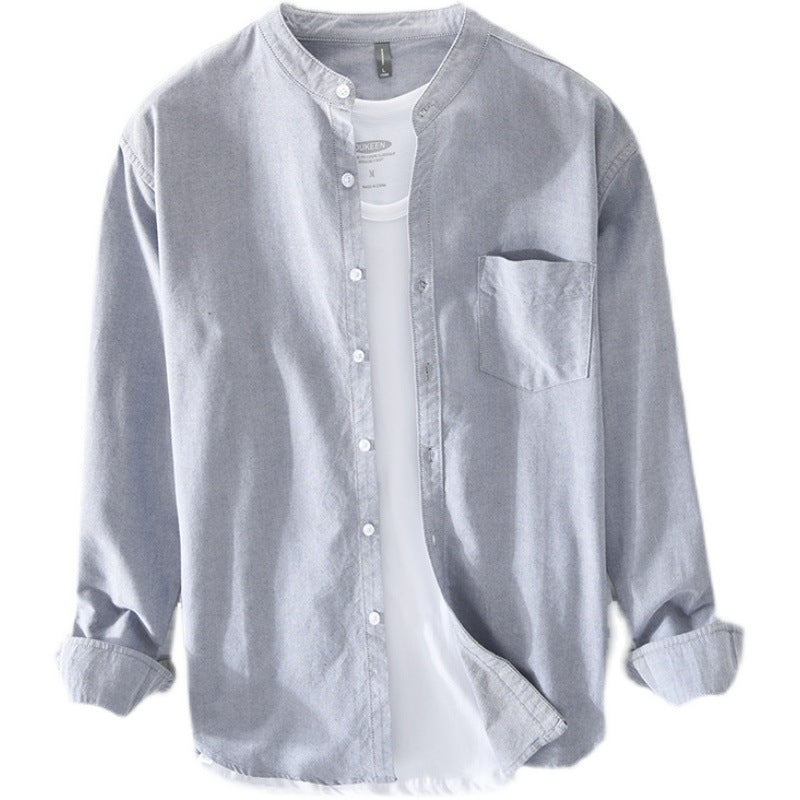 Men's linen shirt fashion stand-up collar solid color simple youth long-sleeved cotton shirt