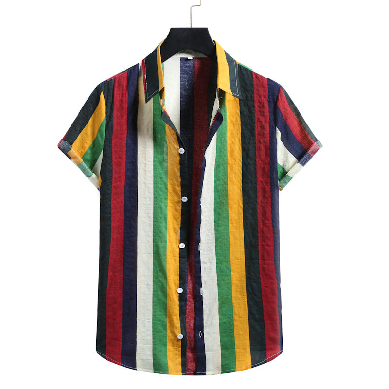 Solid color striped men's casual loose short-sleeved men's shirt